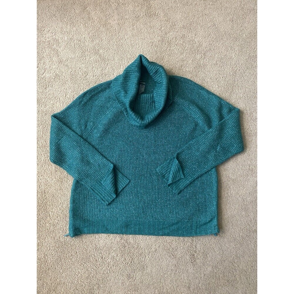Lou & Grey Wafflestitch Turtleneck Sweater Side Zip Teal Jade Chunky Knit Small